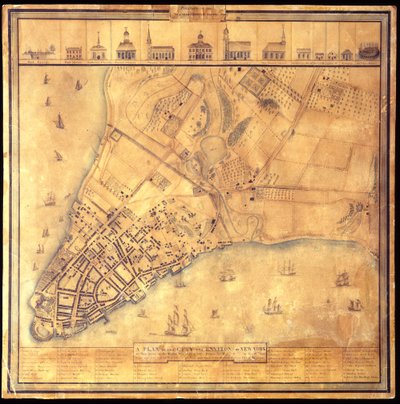 Suunnitelma New Yorkin kaupungista ja sen ympäristöstä sellaisena kuin se oli vuosina 1742-1744, 1813 Kynä ja mustaväri, akvarelli, lyijykynä paperille. tekijältä David Grim